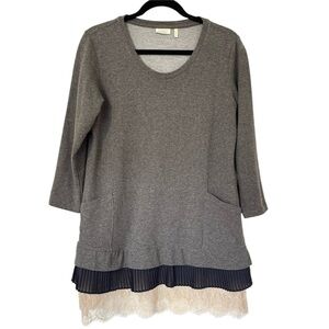 LOGO Lori Goldstein Lace Trim Long Sleeve Top Womens Small Gray Black